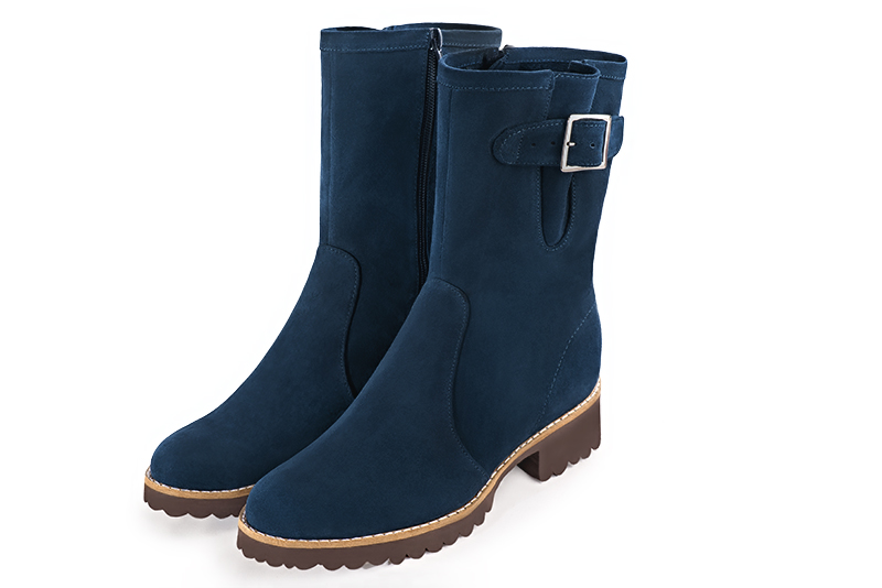 Navy blue women's ankle boots with buckles on the sides. Round toe. Flat rubber soles. Front view - Florence KOOIJMAN